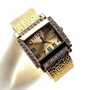 Marilyn Miglin Gold Tone Wide Cuff Watch Hammered Bangle Rhinestone Bezel Quartz